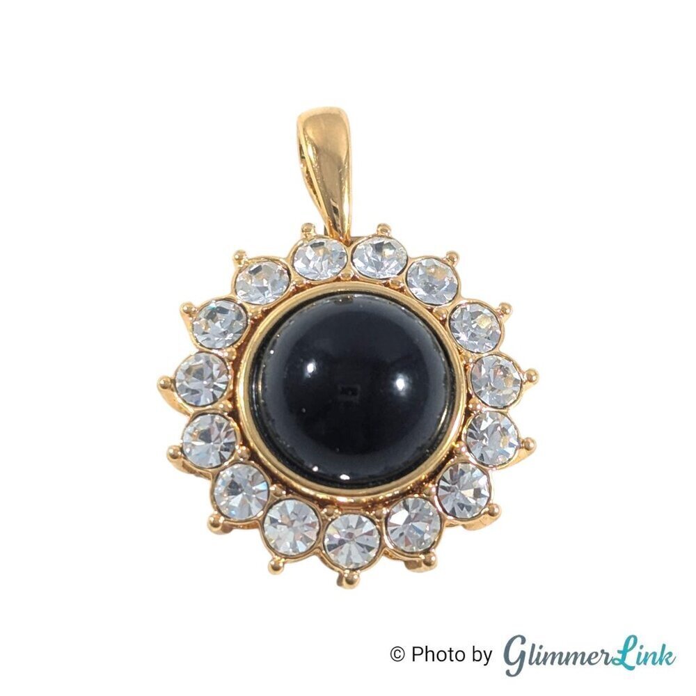 Vintage Nolan Miller Black Cabochon & Rhinestone Halo Gold Tone Pendant